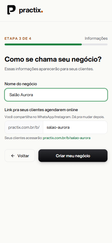 Nome do negócio e link público