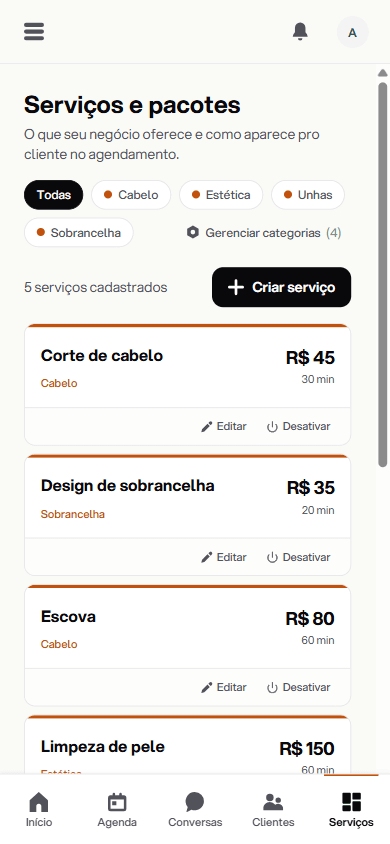 Lista de serviços cadastrados