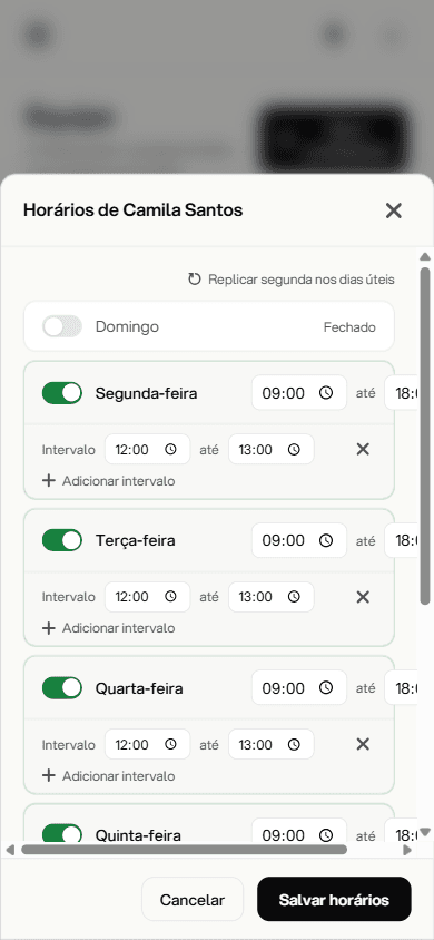 Modal de horários por dia da semana